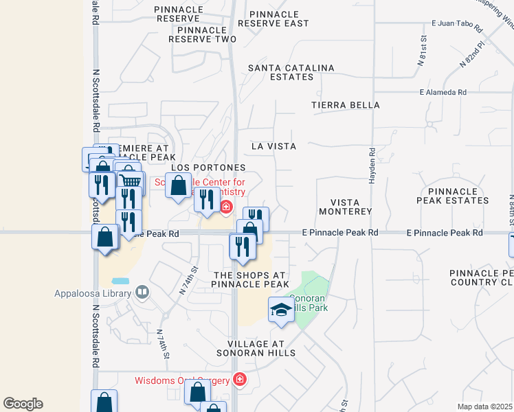 map of restaurants, bars, coffee shops, grocery stores, and more near 7676 East Pinnacle Peak Road in Scottsdale