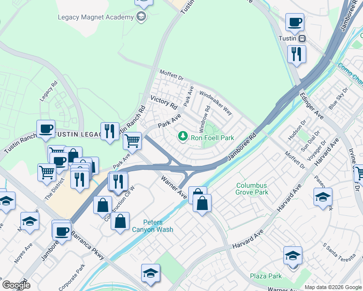 map of restaurants, bars, coffee shops, grocery stores, and more near 27 Stafford Place in Tustin