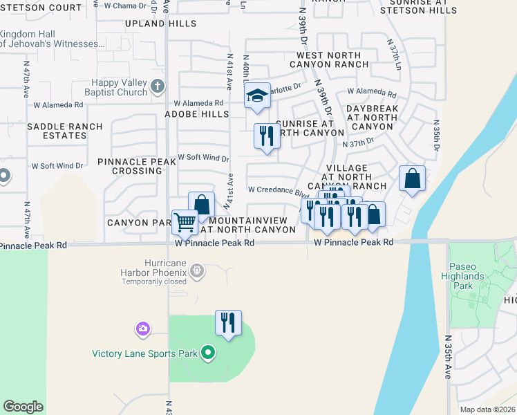 map of restaurants, bars, coffee shops, grocery stores, and more near 4024 West Camino Del Rio in Glendale