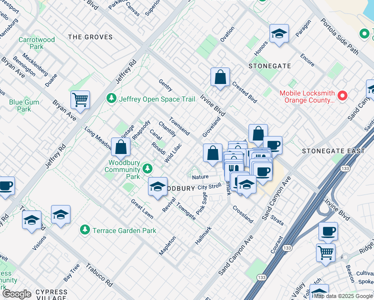 map of restaurants, bars, coffee shops, grocery stores, and more near 199 Groveland in Irvine