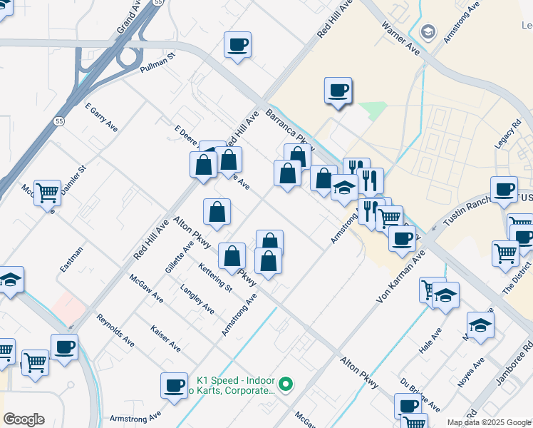 map of restaurants, bars, coffee shops, grocery stores, and more near 16800 Aston Street in Irvine