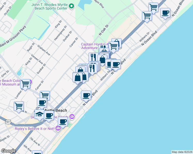 map of restaurants, bars, coffee shops, grocery stores, and more near 406 19th Avenue North in Myrtle Beach