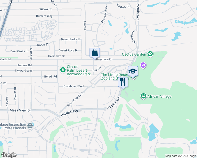 map of restaurants, bars, coffee shops, grocery stores, and more near 73565 Silver Moon Trail in Palm Desert