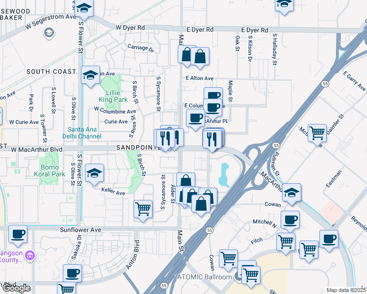 map of restaurants, bars, coffee shops, grocery stores, and more near 111 East Macarthur Boulevard in Santa Ana