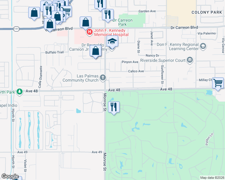 map of restaurants, bars, coffee shops, grocery stores, and more near Avenue 48 in Indio
