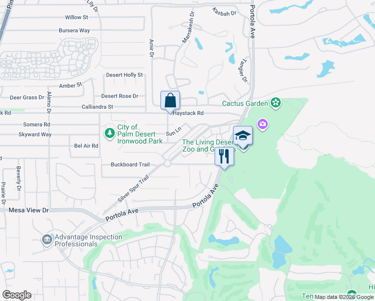 map of restaurants, bars, coffee shops, grocery stores, and more near 73652 Mesquite Court in Palm Desert