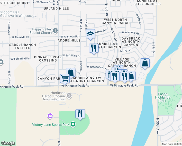 map of restaurants, bars, coffee shops, grocery stores, and more near 4024 West Camino Del Rio in Glendale