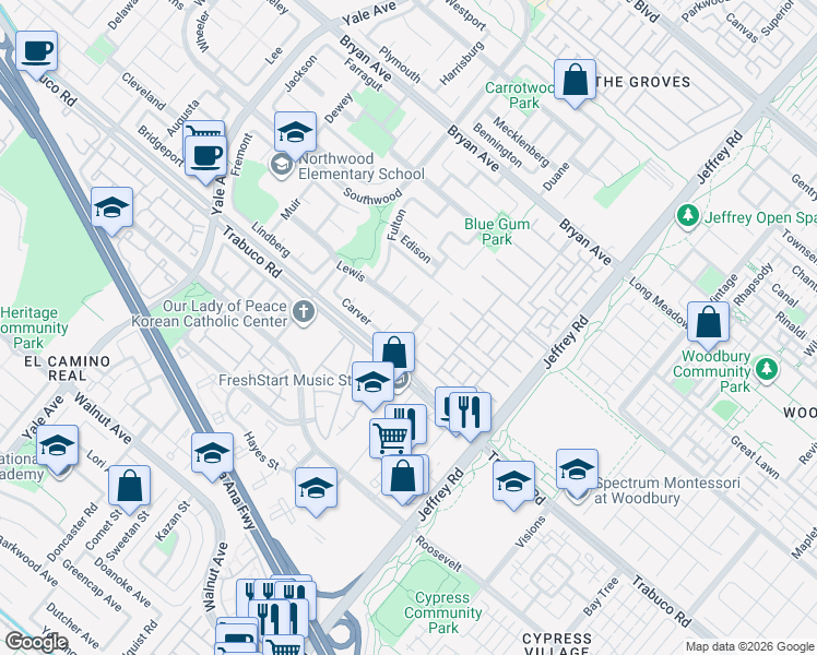 map of restaurants, bars, coffee shops, grocery stores, and more near 58 Lewis in Irvine