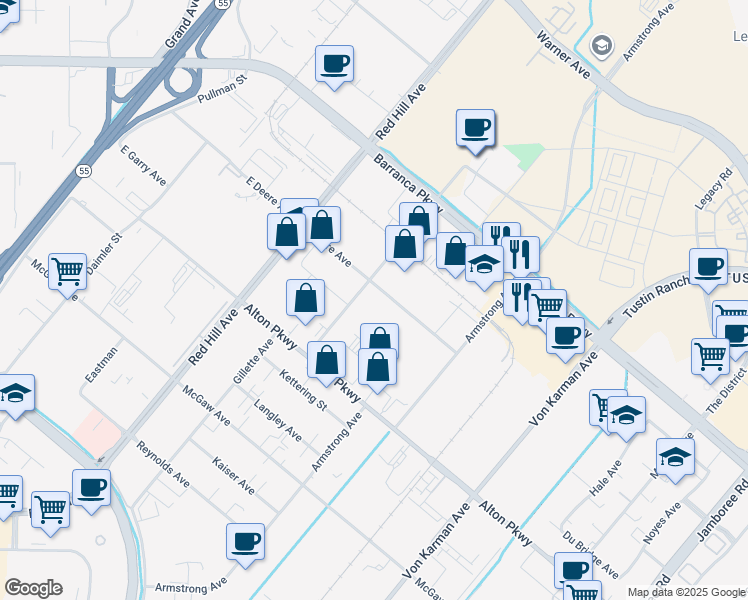 map of restaurants, bars, coffee shops, grocery stores, and more near 1700-1822 Deere Avenue in Irvine