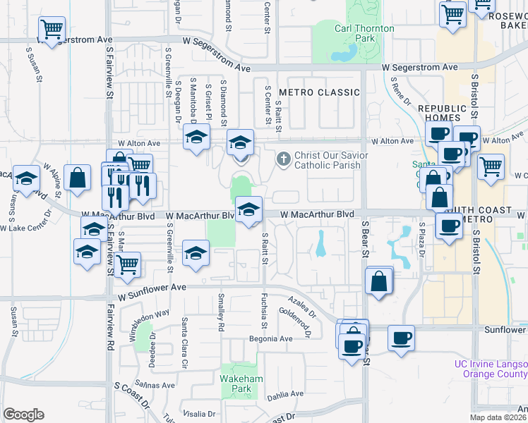 map of restaurants, bars, coffee shops, grocery stores, and more near in Santa Ana
