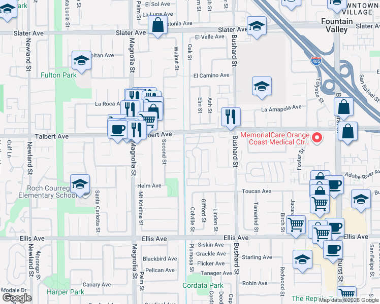 map of restaurants, bars, coffee shops, grocery stores, and more near 9241 Molt River Circle in Fountain Valley