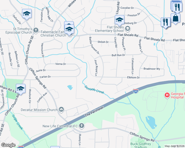map of restaurants, bars, coffee shops, grocery stores, and more near 2432 Elkhorn Drive in Decatur