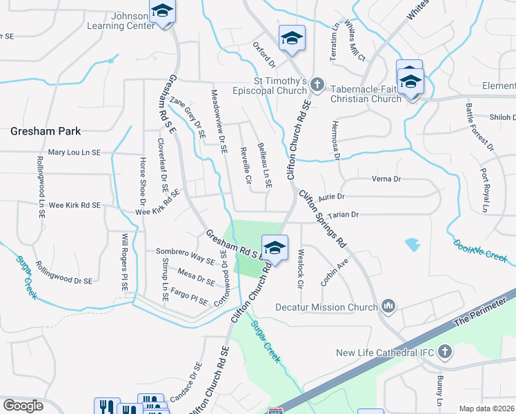 map of restaurants, bars, coffee shops, grocery stores, and more near 2947 Reveille Circle in Atlanta