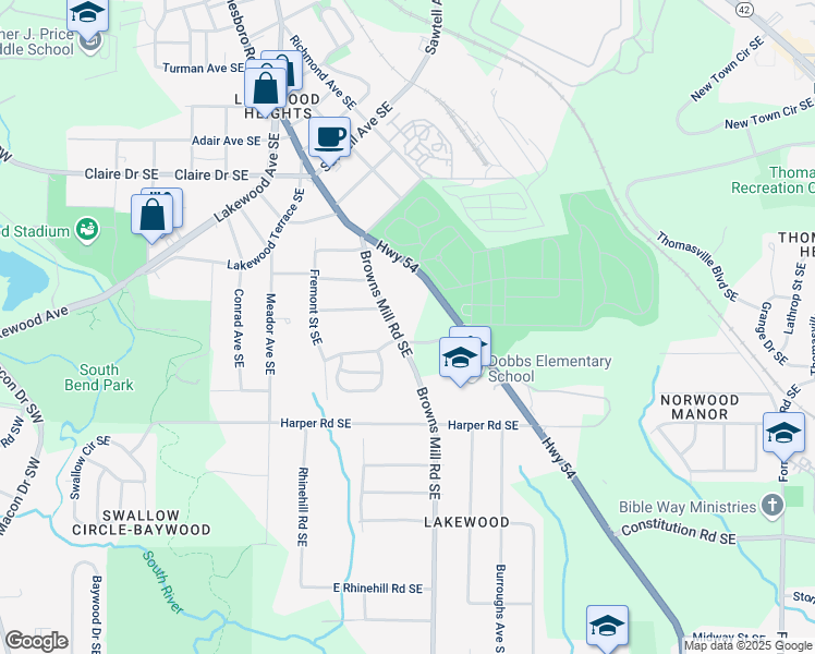 map of restaurants, bars, coffee shops, grocery stores, and more near 1974 Browns Mill Road Southeast in Atlanta