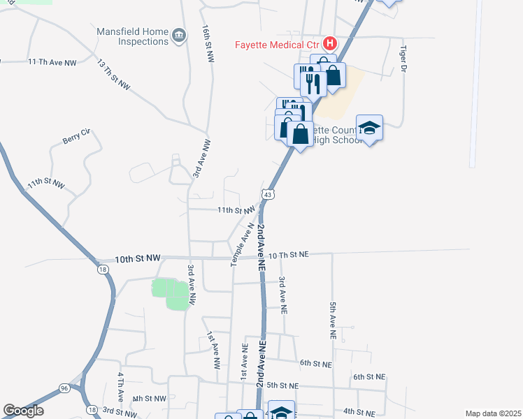 map of restaurants, bars, coffee shops, grocery stores, and more near 1342-1364 Temple Avenue North in Fayette
