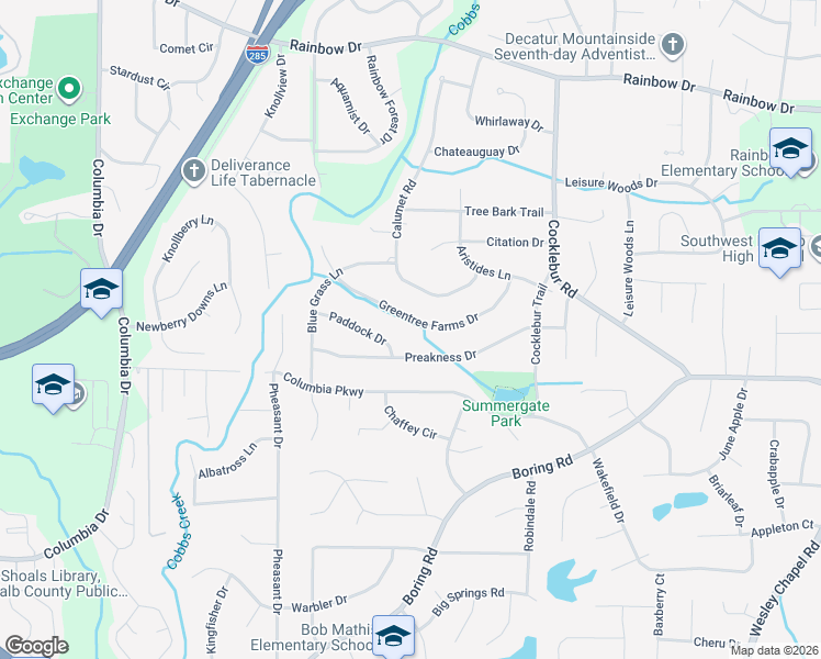 map of restaurants, bars, coffee shops, grocery stores, and more near 3670 Greentree Farms Drive in Decatur