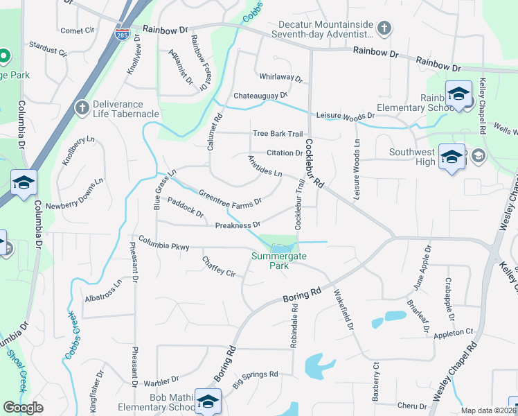map of restaurants, bars, coffee shops, grocery stores, and more near 3716 Greentree Farms Drive in Decatur