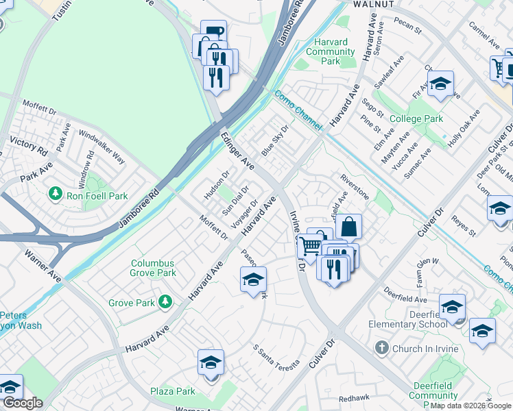 map of restaurants, bars, coffee shops, grocery stores, and more near 1496 Voyager Drive in Tustin