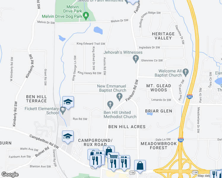 map of restaurants, bars, coffee shops, grocery stores, and more near 3720 Hill Acres Road Southwest in Atlanta