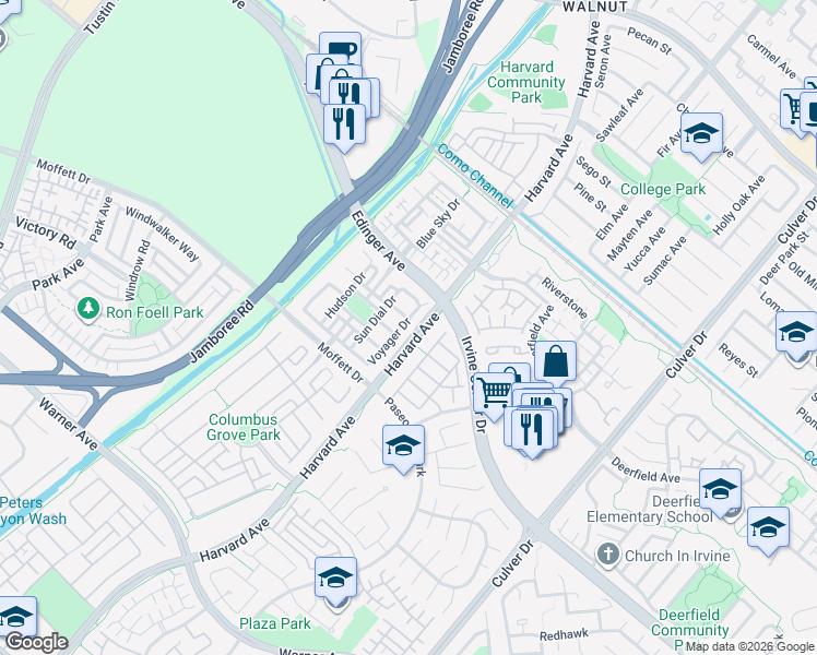 map of restaurants, bars, coffee shops, grocery stores, and more near 560 Orion Road in Tustin