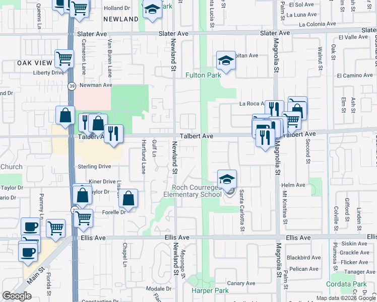 map of restaurants, bars, coffee shops, grocery stores, and more near 18080 Metcalf Lane in Fountain Valley