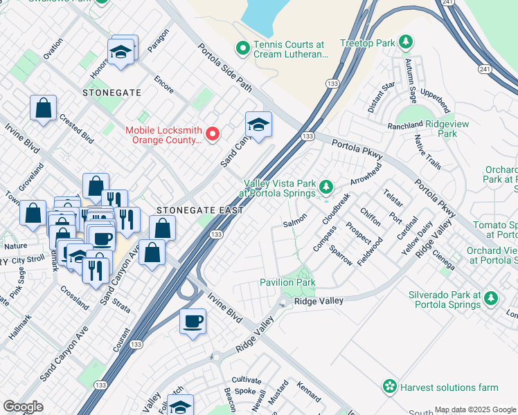 map of restaurants, bars, coffee shops, grocery stores, and more near 188 Capricorn in Irvine