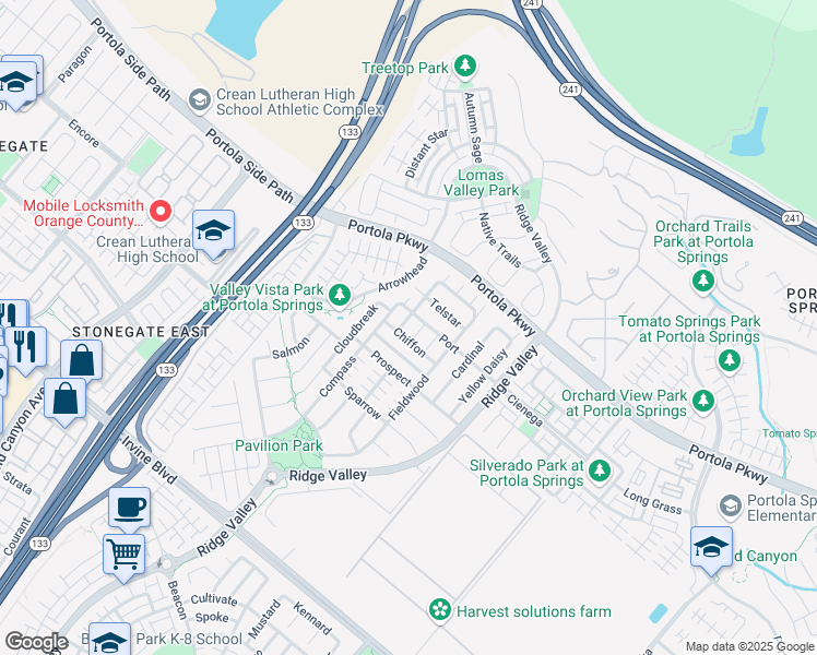 map of restaurants, bars, coffee shops, grocery stores, and more near 122 Bumblebee in Irvine