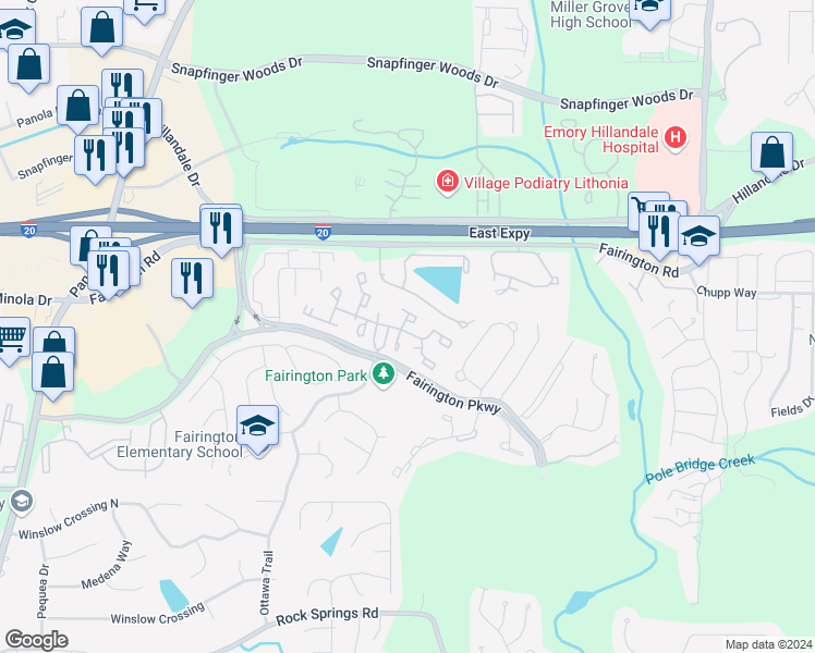 map of restaurants, bars, coffee shops, grocery stores, and more near 171 Meadowood Square in Stonecrest
