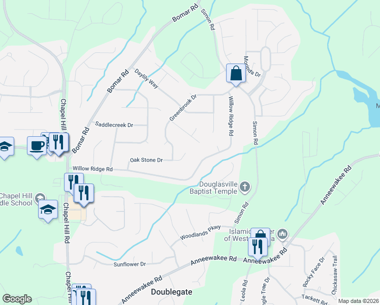 map of restaurants, bars, coffee shops, grocery stores, and more near 3865 Forsythia Way in Douglasville