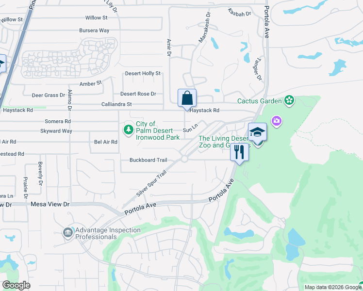 map of restaurants, bars, coffee shops, grocery stores, and more near 73565 Silver Moon Trail in Palm Desert