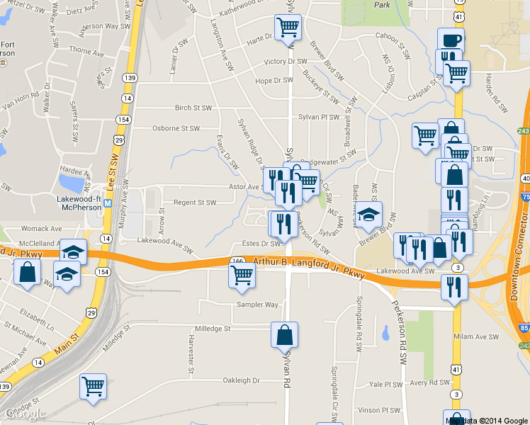 map of restaurants, bars, coffee shops, grocery stores, and more near 2001 Sylvan Road Southwest in Atlanta