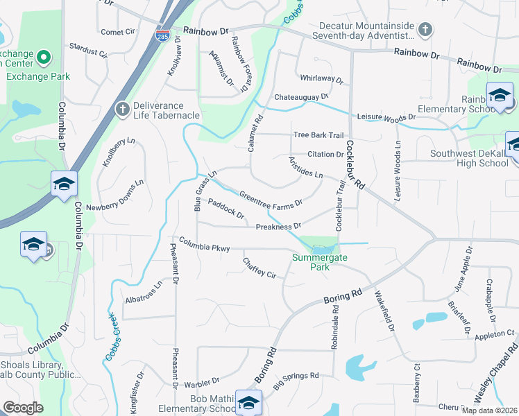 map of restaurants, bars, coffee shops, grocery stores, and more near 3670 Greentree Farms Drive in Decatur