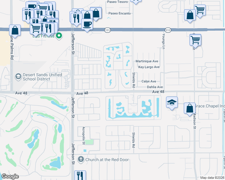 map of restaurants, bars, coffee shops, grocery stores, and more near 80394 Avenue 48 in Indio