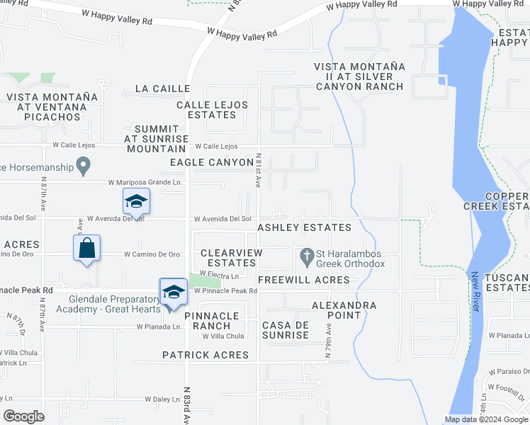 map of restaurants, bars, coffee shops, grocery stores, and more near 8080 West Avenida Del Sol in Peoria