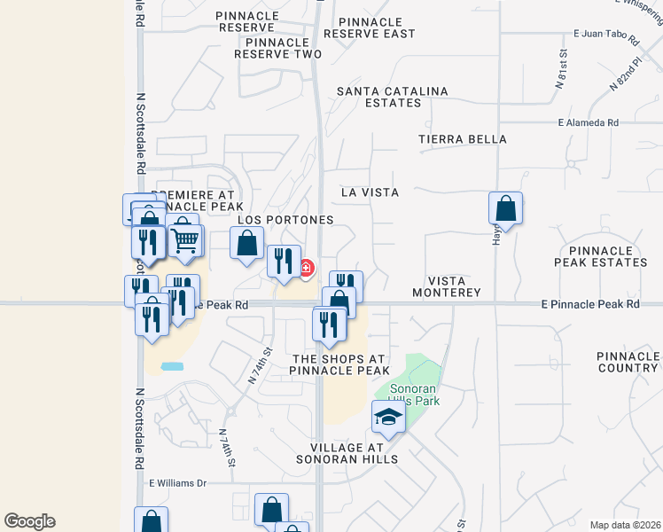 map of restaurants, bars, coffee shops, grocery stores, and more near 23585 North 75th Place in Scottsdale