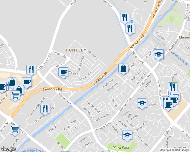 map of restaurants, bars, coffee shops, grocery stores, and more near 289 Barnes Road in Tustin