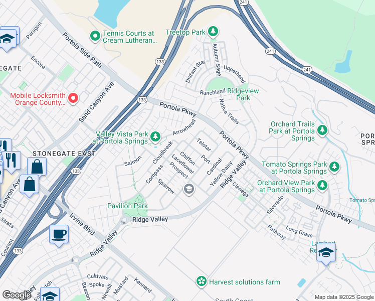 map of restaurants, bars, coffee shops, grocery stores, and more near 121 Bumblebee in Irvine