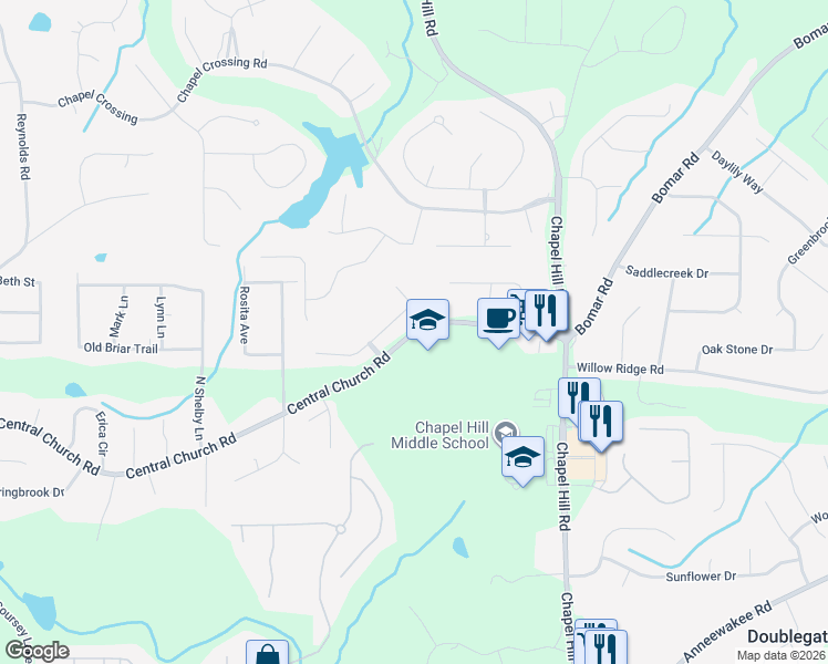 map of restaurants, bars, coffee shops, grocery stores, and more near Central Church Road in Douglasville
