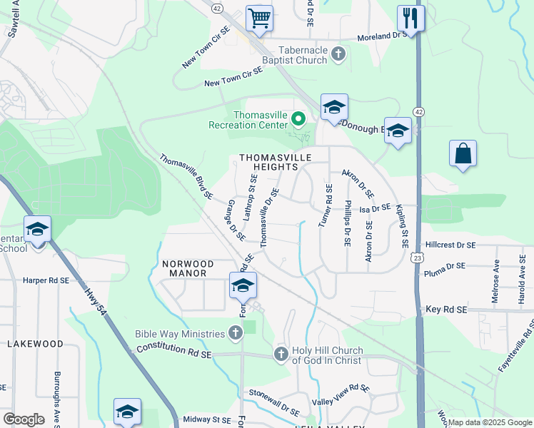 map of restaurants, bars, coffee shops, grocery stores, and more near 1895 Thomasville Drive Southeast in Atlanta