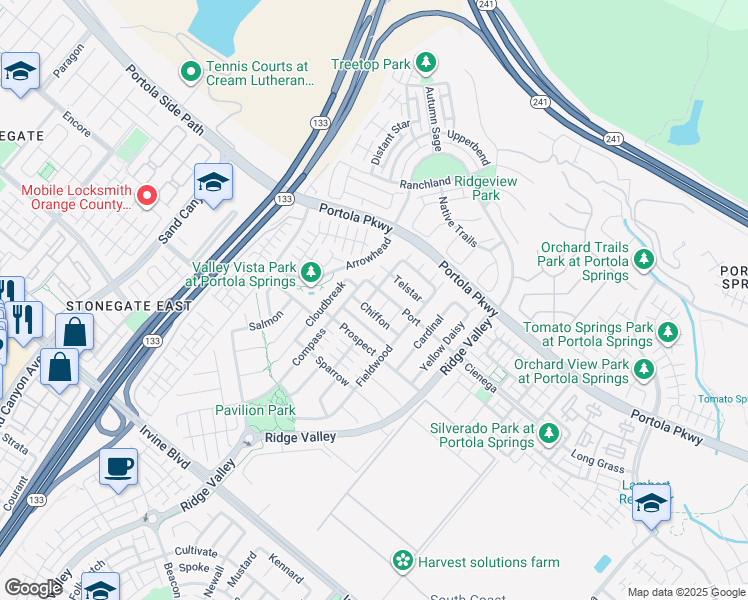 map of restaurants, bars, coffee shops, grocery stores, and more near 122 Bumblebee in Irvine