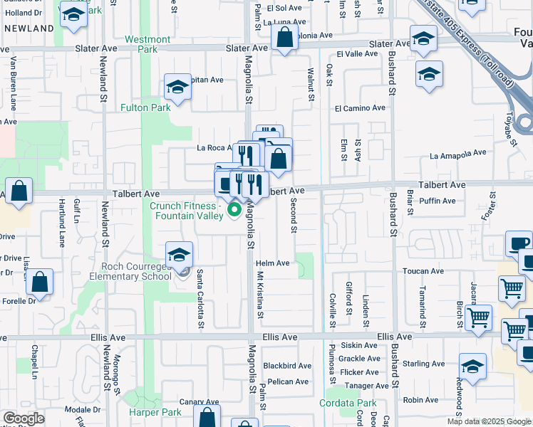 map of restaurants, bars, coffee shops, grocery stores, and more near 9053 Lemongrass Court in Fountain Valley