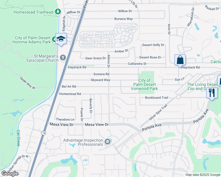 map of restaurants, bars, coffee shops, grocery stores, and more near 73021 Bel Air Road in Palm Desert