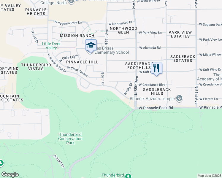 map of restaurants, bars, coffee shops, grocery stores, and more near 5605 West Pinnacle Hill Drive in Glendale