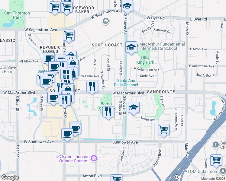 map of restaurants, bars, coffee shops, grocery stores, and more near 922 West Alpine Avenue in Santa Ana