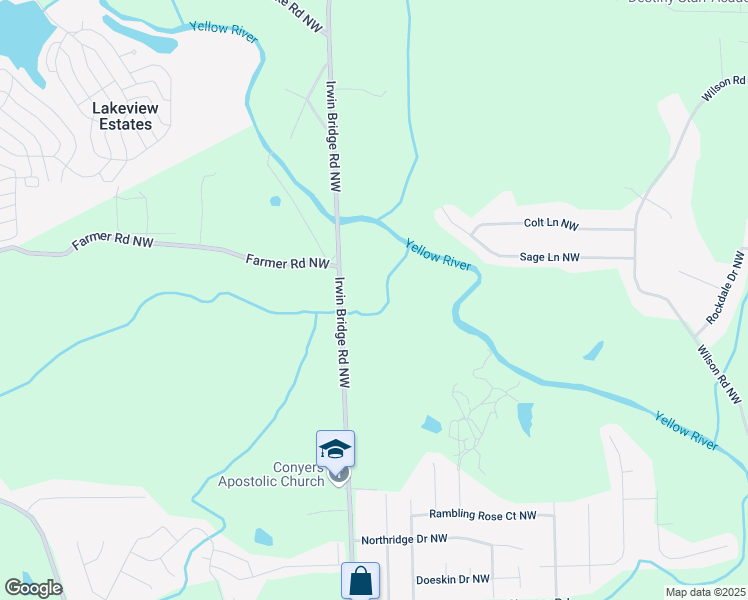 map of restaurants, bars, coffee shops, grocery stores, and more near 2051 Irwin Bridge Road Northwest in Conyers