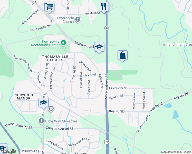 map of restaurants, bars, coffee shops, grocery stores, and more near 1157 Isa Dr SE in Atlanta