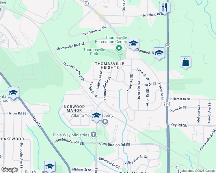 map of restaurants, bars, coffee shops, grocery stores, and more near 1895 Thomasville Drive Southeast in Atlanta