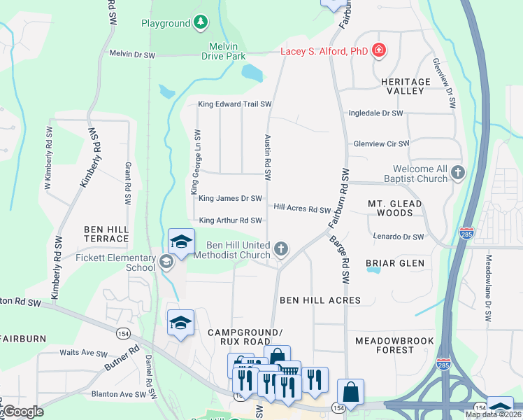 map of restaurants, bars, coffee shops, grocery stores, and more near 1979 Austin Road Southwest in Atlanta