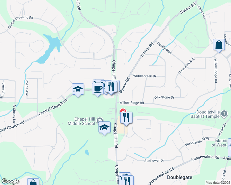 map of restaurants, bars, coffee shops, grocery stores, and more near Central Church Road in Douglasville