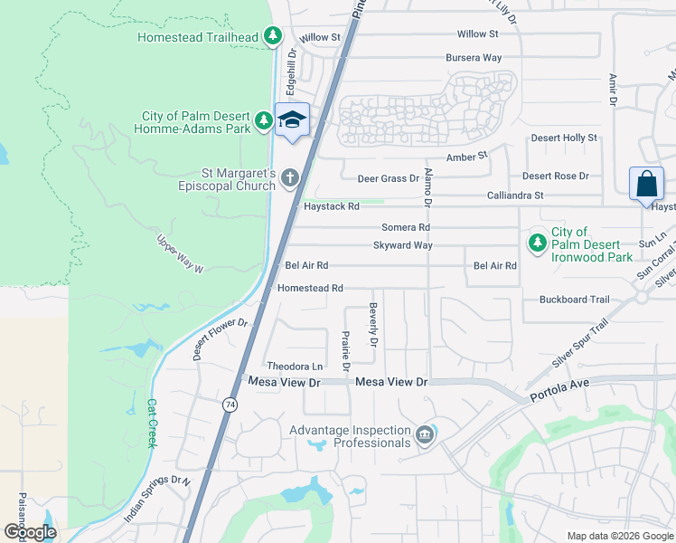 map of restaurants, bars, coffee shops, grocery stores, and more near 72760 Bel Air Road in Palm Desert